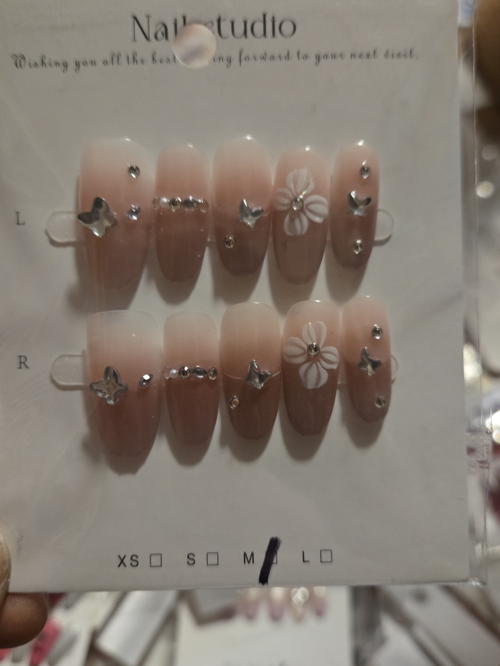 Nude Ombre Press-On Nails with White Flower & Rhinestones